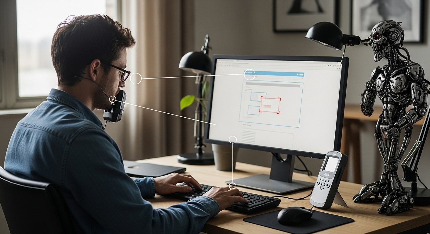 Homme utilisant reconnaissance vocale au bureau avec IA et robot humanoïde