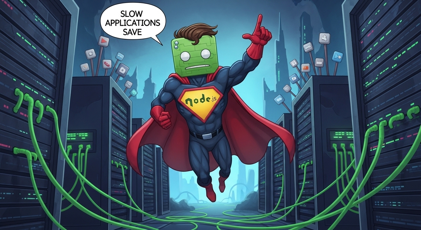 Super-héros Node.js sauvant des applications lentes dans un centre de données.