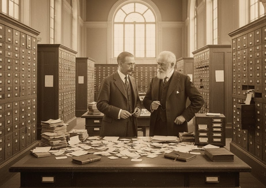 Une scène de travail aux Archives nationales, illustrant la gestion documentaire au début du XXe siècle.