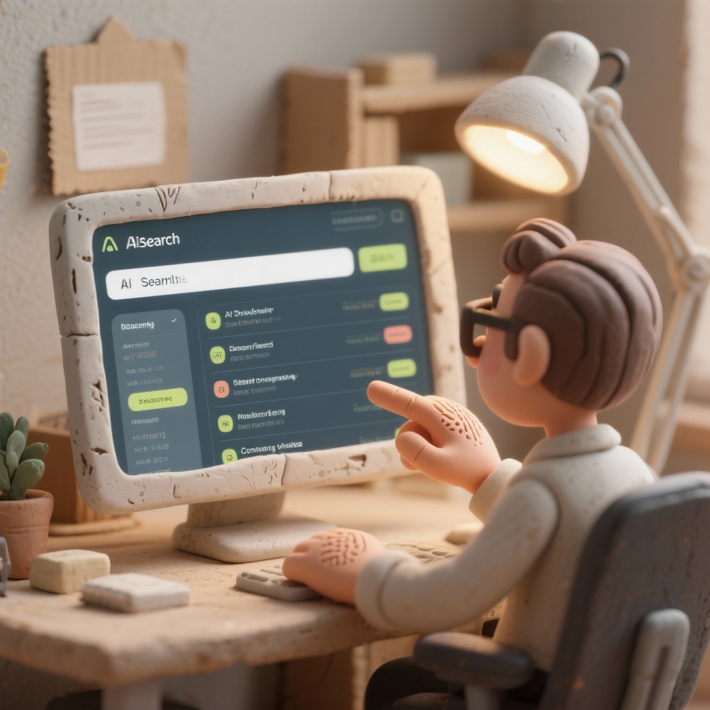 Personnage stylisé recherchant "AI Seamless" sur Alsearch, bureau organisé et lumineux
